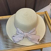 cheap Party Hats-Hats Headwear Acrylic / Cotton Straw Bucket Hat Straw Hat Sun Hat Casual Holiday Elegant Vintage With Bowknot Pure Color Headpiece Headwear