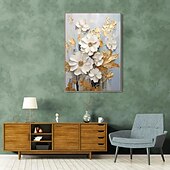 billiga Blom- och växtmålningar-handmålad texturerat guld blomma oljemålning väggkonst abstrakt vit blomma målning på duk minimalistisk modern blommig oljemålning för vardagsrum målning elegant väggdekor fancy väggkonst