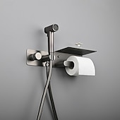 economico Rubinetti per bidet-spruzzatore per bidet oro spazzolato valvola in ottone a pulsante nascosto con ripiano porta carta spruzzatore in plastica tubo in pvc grigio