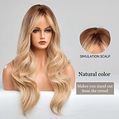 economico Parrucche trendy sintetiche-marrone marrone chiaro vino rosso nero biondo lunghe parrucche per le donne lunga parrucca riccia ondulata con la frangetta parrucca sintetica naturale per le donne capelli naturali resistente al