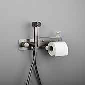 economico Rubinetti per bidet-spruzzatore per bidet oro spazzolato valvola in ottone a pulsante nascosto con ripiano porta carta spruzzatore in plastica tubo in pvc grigio