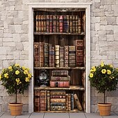 billige Garasje- og dørbanner-vintage bokhylle dørdeksler veggmaleri dekor dør billedvev dør gardin dekorasjon bakteppe dør banner avtakbar for inngangsdør innendørs utendørs hjemme rom dekorasjon gårdshus dekor forsyninger