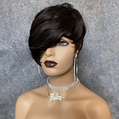baratos Perucas capless de cabelo natural-Peruca bob cabelo humano curto corte pixie perucas para mulheres negras peruca de cabelo humano com franja peruca em camadas sem cola nenhuma peruca dianteira do laço peruca completa feita à máquina