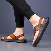 cheap Vacation Sandals-Men&#039;s Leather Sandals Slippers &amp; Flip-Flops Retro Walking Casual Daily Vacation Beach Comfortable Slip-on Shoes Yellow Gray