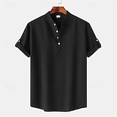 Men's Shirt Linen Shirt Chinese Collar Shirt Mandarin Collar Shirt Casual Shirt Cotton Shirt Plain Vacation Street Black Yellow Light Green Pink Short Sleeve Band Collar Summer Clothing Apparel 38