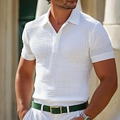 preiswerte Urlaub-Herren-Poloshirts aus Baumwolle mit Waffelmuster, Golfhemd, lässig, Urlaub, Revers, gerippter Polokragen, kurze Ärmel, modisch, Basic, einfarbig, Knöpfe, weich, Sommer, Frühling, normale Passform, weiß, gelb, grün, grau, Waffelpolo