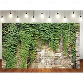 cheap Outdoor Flags &amp; Banners-1pc Spring Garden Leaves Falling Horticultural Plants Grunge Stone Wall Green Banner Leaves And Branches Covering Vintage Architecture Photo Background