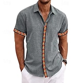 abordables Informal de negocios-Hombre Camisa Camisa de lino Camisa casual Remera de algodón Bloque de color Vacaciones Calle Negro Blanco Azul cielo Gris Manga Corta Cuello Vuelto Verano Ropa Abotonar