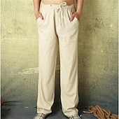 cheap Home-Men&#039;s Linen Pants Trousers Summer Pants Beach Pants Pocket Drawstring Elastic Waist Plain Comfort Breathable Vacation Daily Holiday Hawaiian Boho ArmyGreen Black
