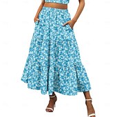 cheap Dresses-Women&#039;s Skirt A Line Swing Maxi Skirts Print Floral Holiday Vacation Summer Cotton Casual Boho Yellow Pink Red Navy Blue