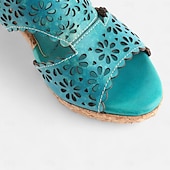 cheap Vacation Sandals-Women&#039;s Turquoise Cutout Leather Sandals – Vintage Hollow-Out Chunky Heel Peep-Toe Summer Shoes for Casual &amp; Boho Style