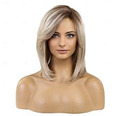 baratos peruca mais velha-Perucas bob na altura dos ombros para mulheres com divisão lateral curta loira natural, perucas sintéticas resistentes ao calor