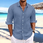 cheap Vacation-Men&#039;s Linen Shirt Summer Shirt Beach Wear Casual Shirt Button Up Shirt Plain Casual Daily Light Yellow White Pink Dark Navy Long Sleeve Spring &amp; Summer Clothing Apparel