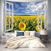 お買い得  風景タペストリー-窓の花畑吊りタペストリー壁アート大きなタペストリー壁画装飾写真背景ブランケットカーテン家寝室リビングルーム装飾