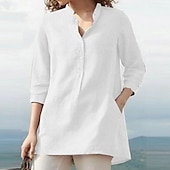 economico Camicie-Per donna Camicia Blusa Camicie di cotone e lino Semplice Casual Manica 3/4 Scollo a V Top Regolari Quotidiano Bottoni Tasca Bianco Rosa Blu Reale Grigio Primavera &amp; Estate