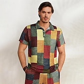 cheap Men&#039;s Color Block Polo-Men&#039;s Plaid Waffle Polo Shirts Golf Shirt Short Sleeve Polo Shirts Collared Shirts Vintage Casual Vacation Wear Formal Wear Festival Wear Buttons 3D Print Light Yellow Crystal / Orange Yellow