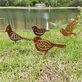お買い得  パティオの装飾-鉄製の錆びた鳥の地面杭セット、庭の装飾用の錆びた鳥と木製のネジ、錆びた装飾の庭の杭、庭の再利用可能な錆びた装飾