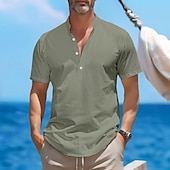 preiswerte Urlaub-Herren Hemd leinenhemd Hemd mit Stehkragen Popover-Shirt Sommerhemd Strandhemd Glatt Urlaub Curise Schwarz Weiß Rosa Grün Kurzarm Henley Sommer Bekleidung
