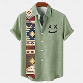abordables Classique-Homme Chemise Lin chemises rétro Chemise Vintage Chemise ethnique Visage souriant Extérieur Casual Bleu Marron Vert Manche Courte Mao Eté Printemps Vêtement Tenue Imprimer