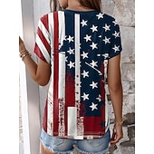  Independence Day Patriotic Women's T Shirt Flag Stylish Red White And Blue Short Sleeve V Neck Regular Tops Daily Buttons Print Blue Summer