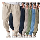 baratos Clássico-Homens Corredor Calças de linho Calças Calça verão Com Cordão Cintura elástica Tecido Conforto Respirável Diário Praia Moda Roupa de rua ダークカーキ Preto Micro-Elástica