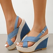 cheap Casual Sandals-Women&#039;s Blue Denim Wedge Sandals – Cross Strap Design with Espadrille Sole, Casual Summer Platform Shoes for Beach and Everyday Wear