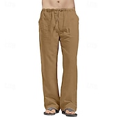 cheap Classic-Men&#039;s Linen Pants Trousers Summer Pants Beach Pants Pocket Drawstring Elastic Waistband Plain Comfort Breathable Full Length Daily Streetwear Fashion Casual / Sporty Loose Fit Dark Khaki Black