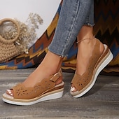 abordables Sandales Décontractées-Sandales compensées pour femmes, sandales à plateforme ajourées, bout ouvert, sangle arrière, noir, marron vin
