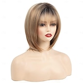 economico parrucca più vecchia-parrucca corta da pixie bob con riflessi biondi con frangia parrucca sintetica bionda ombre dritta con parrucche bionde a strati di radici scure per le donne