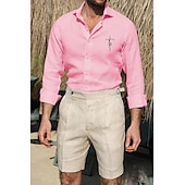 ieftine Business Casual-Bărbați Cămașă Cămașă albă din bumbac Cămașă casual Cămașă din bumbac și in Cămașă din bumbac Σταυρός Vacanță Hawaiian Negru Alb Roz Îmbujorat Gri Manșon Lung Rever Primăvara &amp; toamnă Îmbrăcăminte