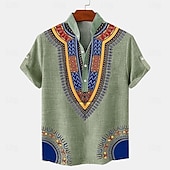 tanie Klasyczny-Męskie lniana koszula Koszula Henley koszule w stylu retro Koszula w stylu vintage Koszula etniczna Urlop Codzienny Zielony Khaki Beżowy Krótki rękaw Kołnierzyk chiński Lato Wiosna Odzież Druk 3D