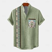 halpa Etninen malli-Miesten Paita Button Up paita Lyhythihainen Vintage Vapaa-aika Viidakko Loma Päivittäin Kesä Kevät Nauhakaulus isoisän kaulus Painettu Apila Khaki Beesi