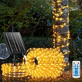 baratos Luzes solares de corda-luzes de corda solares ao ar livre à prova d&#039;água 164 pés 500led luzes de tubo com 2400mah tipo c temporizador de carregamento 8 modos reguláveis cintilação luz de corda de fada para jardim quintal