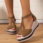 economico Sandali Casual-Per donna Sandali Sandali con la zeppa Giornaliero Zeppa Punta aperta Comoda Finto camoscio Listino alla caviglia Nero Marrone