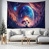 رخيصةأون Tapestries Blacklight-نسيج أسود يتفاعل مع الأشعة فوق البنفسجية ويتوهج في الظلام، حفلة مضيئة، شجرة نيون كون، قمر، مخدر، ضبابي، نسيج معلق، لوحة جدارية فنية لغرفة المعيشة
