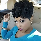 abordables Perruques sans bonnet-Perruques de cheveux humains avec frange cheveux courts noir machine vague bob pour les femmes noires perruques