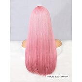 cheap Synthetic Trendy Wigs-Synthetic Wig Natural Straight Neat Bang Wig 24 inch Pink+Red Synthetic Hair Women&#039;s Pink
