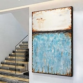 preiswerte Ölgemälde-abstraktes Skyline-Gemälde, handgemalt, extragroßes Wandkunst-Gemälde, handgemachtes blaues Landschaftsgemälde auf Leinwand, großes Wandkunst-blaues abstraktes modernes Gemälde für Schlafzimmer,