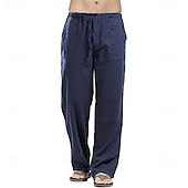 cheap Classic-Men&#039;s Linen Pants Trousers Summer Pants Beach Pants Pocket Drawstring Elastic Waistband Plain Comfort Breathable Full Length Daily Streetwear Fashion Casual / Sporty Loose Fit Dark Khaki Black