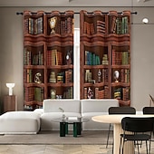 preiswerte Blackout -Vorhang-Vintage Bücherregal Verdunkelungsvorhänge Türisolierung Außenbalkon Rest Wohnzimmer Wohndekoration 2-teiliges Set mit 3D-Digitaldruck perforiert