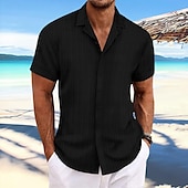 cheap Men&#039;s Button Up Shirts-Men&#039;s Shirt Summer Shirt Beach Wear Button Up Shirt Casual Shirt Black White Navy Blue Blue khaki Short Sleeve Stripes Lapel Daily Vacation Clothing Apparel Fashion Casual Comfortable