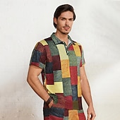 cheap Men&#039;s Color Block Polo-Men&#039;s Plaid Waffle Polo Shirts Golf Shirt Short Sleeve Polo Shirts Collared Shirts Vintage Casual Vacation Wear Formal Wear Festival Wear Buttons 3D Print Light Yellow Crystal / Orange Yellow