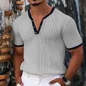 economico Maglietta casual Henley-Per uomo Camicia Henley Waffle T-shirt in maglia waffle T-shirt Tinta unica A V Esterno Informale Manica corta Pulsante Lavorato a maglia Abbigliamento Di tendenza Originale Comodo