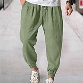 baratos Clássico-Homens Corredor Calças de linho Calças Calça verão Com Cordão Cintura elástica Tecido Conforto Respirável Diário Praia Moda Roupa de rua ダークカーキ Preto Micro-Elástica