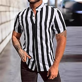 economico camicia da uomo con bottoni-Per uomo Camicia Camicia con colletto cinese Camicia con colletto alla coreana Camicia Estiva Camicia casual Camicia da Spiaggia Nero Manica Corta A righe Colletto alla coreana Vacanza Camicia
