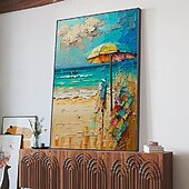 preiswerte Abstrakte Gemälde-abstraktes Strand-Ölgemälde auf Leinwand, großes handgemaltes Sonnenschein-Ozeanküsten-Seelandschafts-Ölgemälde, Wandkunst, modernes blau-beiges Ölgemälde für die Wanddekoration im Wohnzimmer