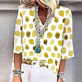 abordables T-shirt Art &amp; Design-Femme T shirt Pois Mode Manches 3/4 Col V Hauts réguliers du quotidien Fin de semaine Imprimer Jaune Bleu Vert Eté