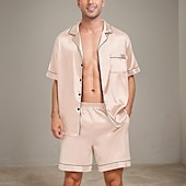 ieftine Pijamale-Bărbați Pijamale Set pijama Top și pantaloni scurți de pijama 1set Simplu Modă Stilat Clasic Casă Zilnic Pat Poliester Confort Respirabil Απαλό Rever Manșon scurt Cămașă Pantaloni Scurți Buton Talie