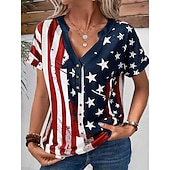  Independence Day Patriotic Women's T Shirt Flag Stylish Red White And Blue Short Sleeve V Neck Regular Tops Daily Buttons Print Blue Summer