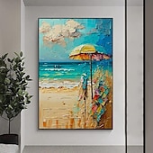 preiswerte Abstrakte Gemälde-abstraktes Strand-Ölgemälde auf Leinwand, großes handgemaltes Sonnenschein-Ozeanküsten-Seelandschafts-Ölgemälde, Wandkunst, modernes blau-beiges Ölgemälde für die Wanddekoration im Wohnzimmer